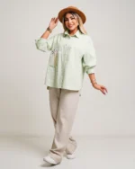 شومیز لینن زنانه گلدوزی طرح گل کد 5055 سبز