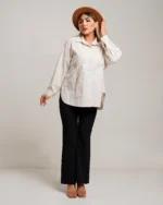 شومیز لینن زنانه گلدوزی طرح گل کد 5055 کرم